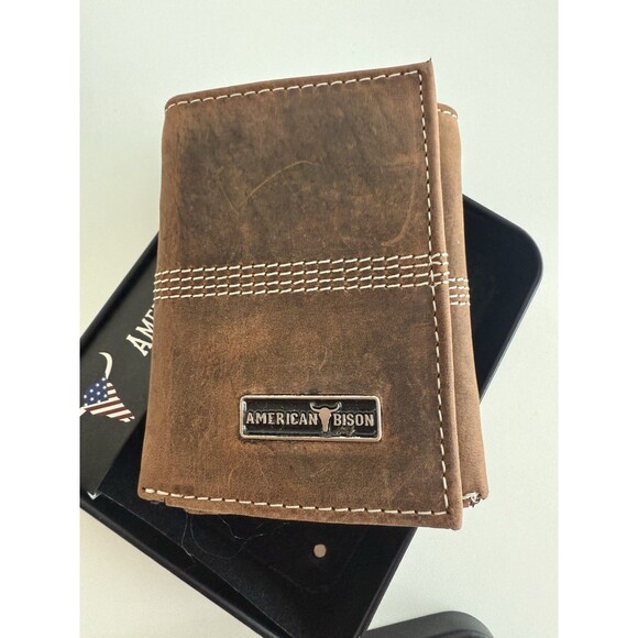 American Bison Genuine Leather Trifold Wallet Brown NEW - Picture 3 of 9